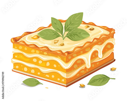 A delicious slice of layered pumpkin lasagna, topped with creamy sauce and fresh basil, a perfect dinner meal - Vector Illustration