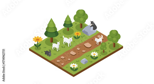 Whimsical Isometric Scene of Goats and Cats in a Lush Garden.