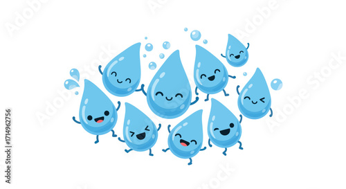 Happy Cartoon Blue Water Droplets Dancing Together.