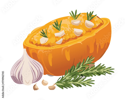 A half-baked pumpkin, perfectly roasted and infused with the flavors of rosemary and garlic, a rustic autumn treat - Vector Illustration