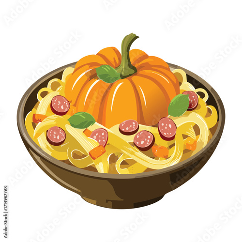 A generous bowl of creamy pumpkin pasta with slices of savory sausage, a warm and comforting dish - Vector Illustration