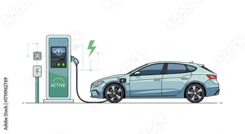 Electric Car Charging at Modern Public Station with Green Energy Symbol.