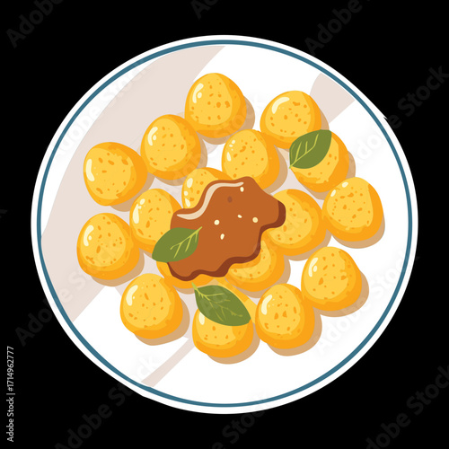A plate filled with delicious golden pumpkin dumplings, drizzled with a rich sauce for a sweet and savory dish - Vector Illustration