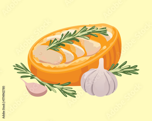 A half-baked pumpkin seasoned with fresh rosemary and garlic cloves, a savory and aromatic dish for autumn - Vector Illustration