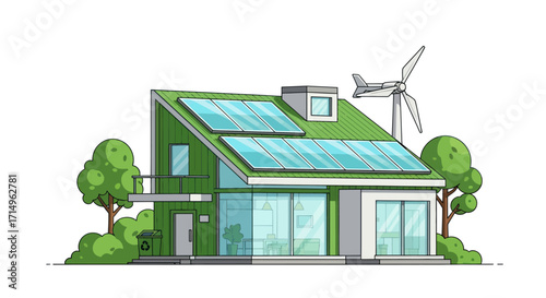 Modern Green Energy House with Solar Panels and Wind Turbine.