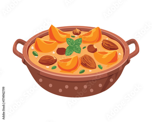 An earthenware pot filled with a luscious apricot compote, a sweet and tangy dessert, perfect for any occasion - Vector Illustration