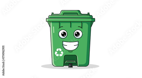 Cheerful Green Recycling Bin with a Friendly Face and Recycle Symbol.