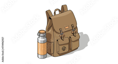 Classic Brown Backpack and Insulated Thermos Bottle.