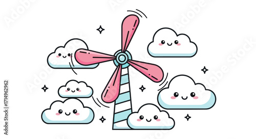 Cute Wind Turbine with Pink Blades Surrounded by Smiling Clouds Illustration.
