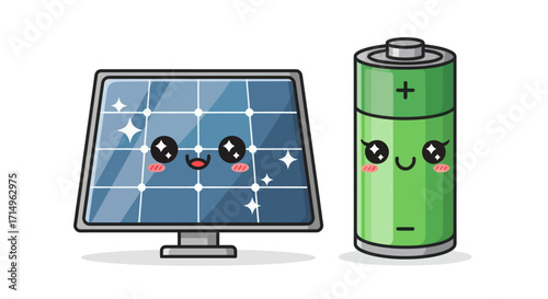 Adorable cartoon solar panel and green battery with kawaii faces.