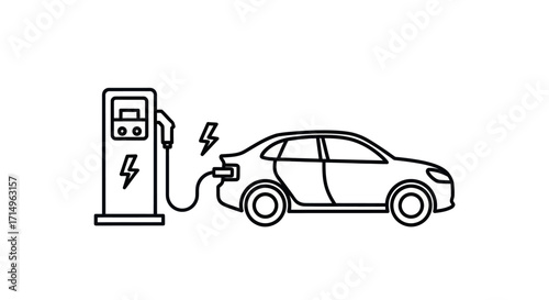 A simple line art icon of an electric car plugged into a charging station with a power symbol.