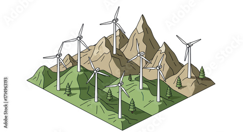 Numerous wind turbines dot a stylized mountainous landscape with green hills and trees.