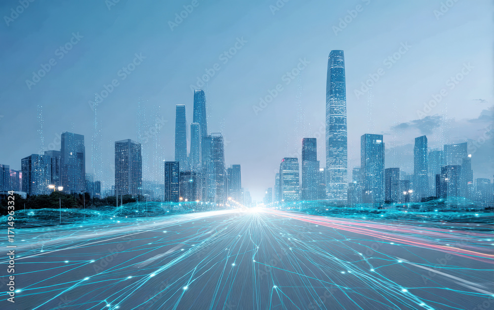 Fototapeta premium Smart City with Connected Roads and Modern Skyscrapers