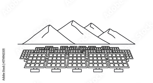 Line art illustration of solar panels in a mountain landscape.