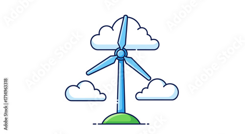 Cartoon Wind Turbine with Blue Blades and Clouds Illustration.
