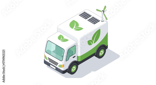 Eco-friendly electric truck with solar panels and wind turbine.