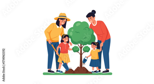 Family Planting a Tree Together in a Garden.
