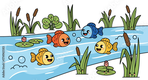 Foto Cartoon fish swimming happily in a clear blue stream with aquatic plants