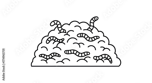 Simple Line Art Illustration of Earthworms in a Soil Pile.