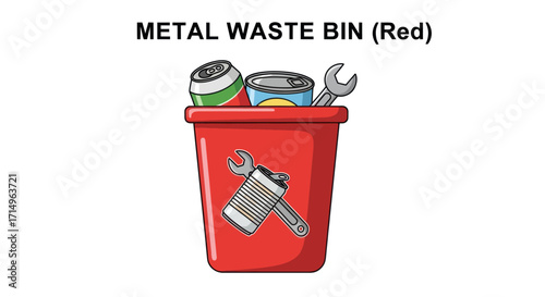 Red Metal Waste Bin with Recyclable Items Illustration.
