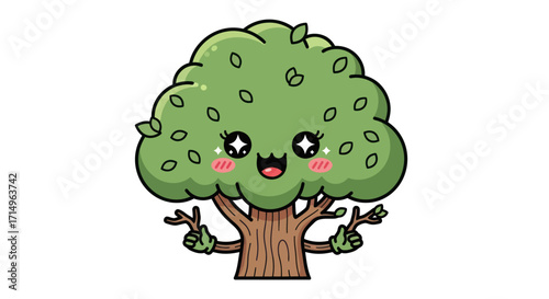Adorable cartoon tree with a happy face and peace signs.
