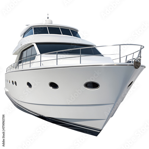 Luxury white motor yacht with sleek design and spacious cabin isolated on transparent background