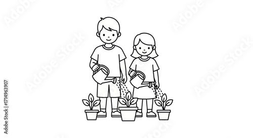 Brother and Sister Watering Potted Plants Together.