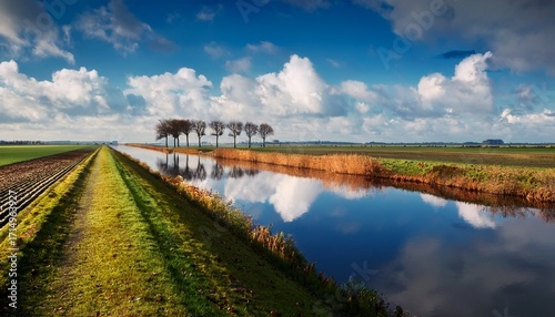 Dutch Polder Landscape With A Straight Ditch It Is A Windless Day In The Autumn Season And The Clouds Are Reflected In The Mirror Smooth Water Surface
