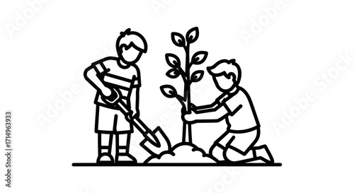 Two Children Planting a Young Tree Together Line Art Illustration.