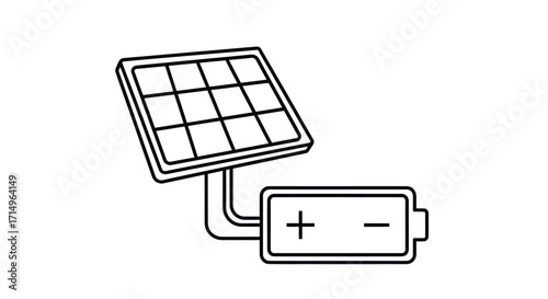 Line Art Solar Panel and Battery Connected for Renewable Energy.