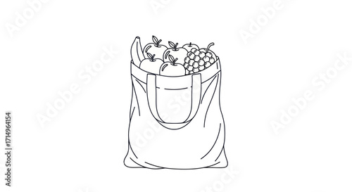 A simple black and white line art illustration of a reusable tote bag filled with fresh fruit.