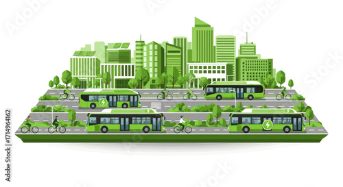 Isometric Green City Model with Eco-Friendly Public Transport and Buildings.