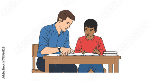 A male teacher or tutor helping a young boy with his studies at a wooden desk.