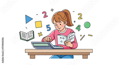 Girl Studying Math with Calculator and Book Surrounded by Numbers and Shapes.