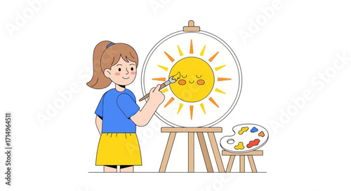 Young girl painting a cheerful sun on an easel with a paintbrush and palette.