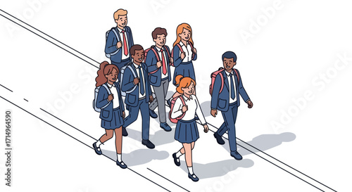 Diverse Group of Students Walking to School.