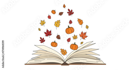 Open book with falling autumn leaves and pumpkins symbolizing seasonal stories and knowledge.