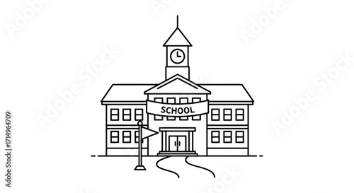 Line Art Illustration of a School Building with Clock Tower and Banner.