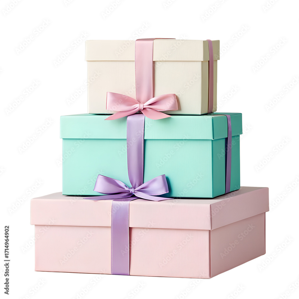 Obraz premium Stack of three pastel colored gift boxes tied with ribbon and bows isolated on transparent background