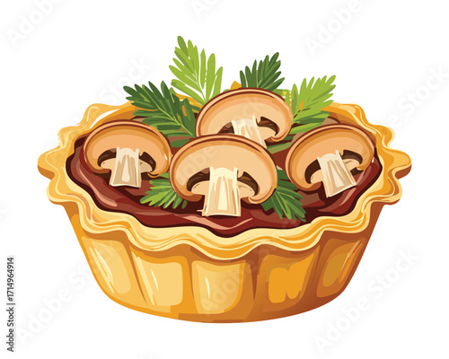 Gourmet mushroom and herb tart with a savory filling, served on a white background with parsley - Vector Illustration