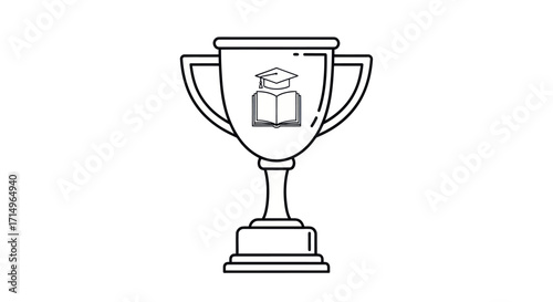 Line art icon of an academic achievement trophy with a graduation cap and book symbol.