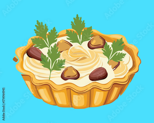 Savory mushroom and chestnut tart with a delicious filling and a sprinkle of fresh herbs - Vector Illustration