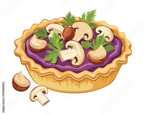 Beautifully presented mushroom and cheese pie with a savory purple crust and fresh herbs - Vector Illustration