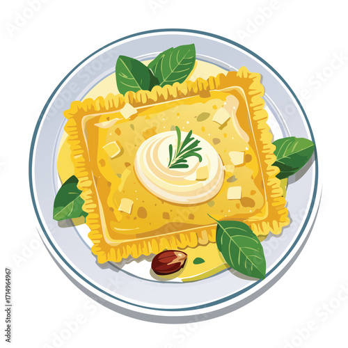 Classic Italian ravioli pasta with a creamy filling and a sprinkle of parmesan cheese - Vector Illustration
