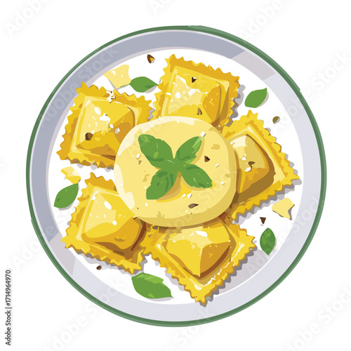 Delicious handcrafted ravioli with a fresh green filling, topped with cheese and fresh herbs - Vector Illustration