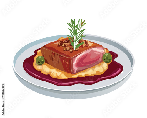 Tender grilled steak with a fresh sprig of rosemary and a savory sauce, served on a plate - Vector Illustration