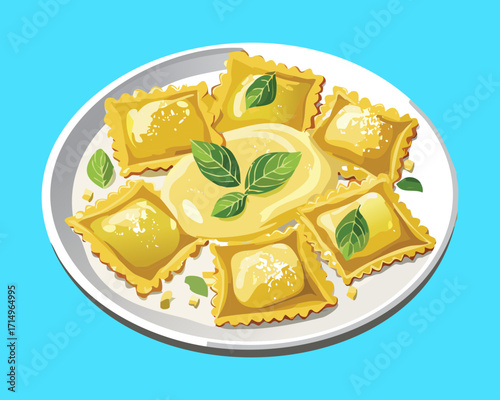 Handmade Italian ravioli pasta filled with cheese and herbs, topped with a creamy sauce - Vector Illustration