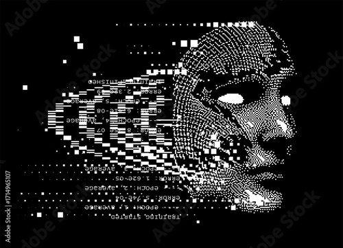 Black and white vector illustration in glitch art and ASCII art style, featuring a human face dissolving into pixelated squares and digital code fragments. Theme: technology, AI, digital error.