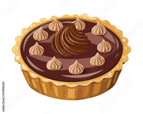 A decadent chocolate hazelnut tart with a swirl of cream on top - Vector Illustration
