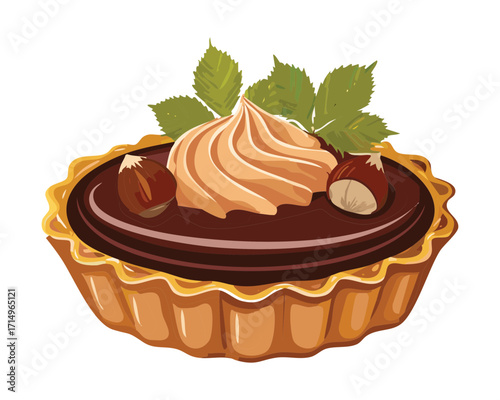 A decadent chocolate tart topped with a swirl of cream and fresh hazelnut - Vector Illustration